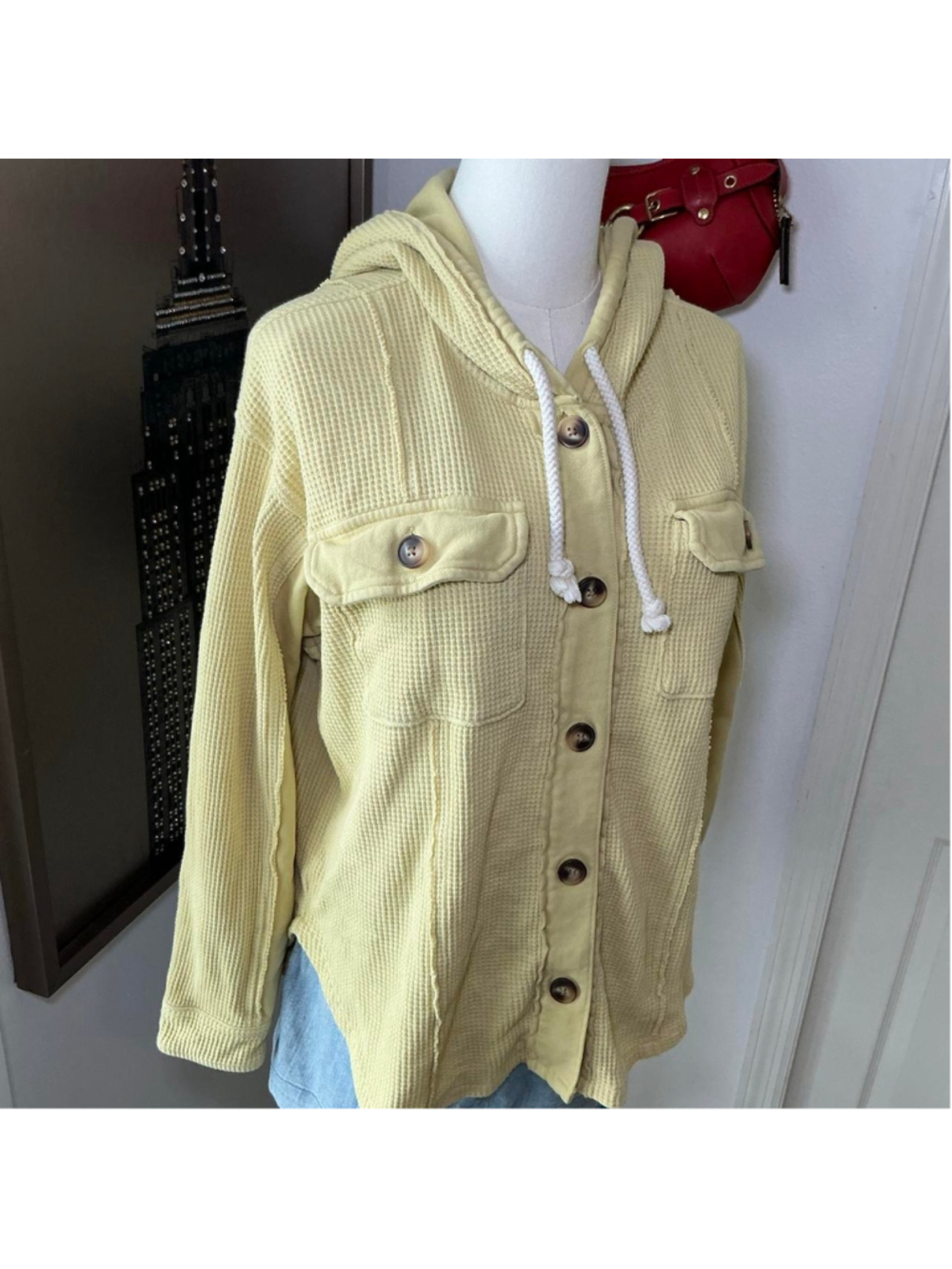 American Eagle Yellow Waffle Knit Hooded Button Up Shacket Small - Picture 2 of 4